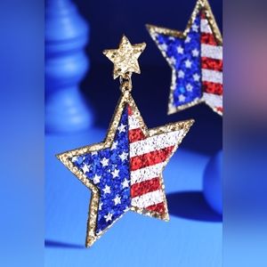 Earrings - USA American Flag Star Shaped Glitter Leather